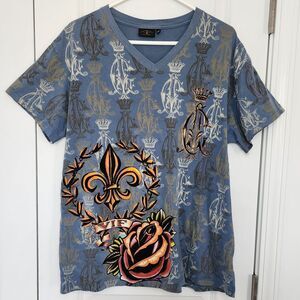 Christian Audigier Fleur de Lis Rose V-Neck Graphic T-Shirt Blue Crown Print XL